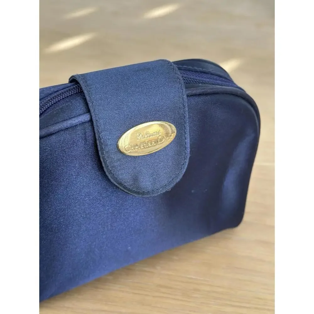 Vintage Christian Dior Parfums Navy Cosmetic Bag Makeup Travel Pouch Zip Case - Picture 2 of 7